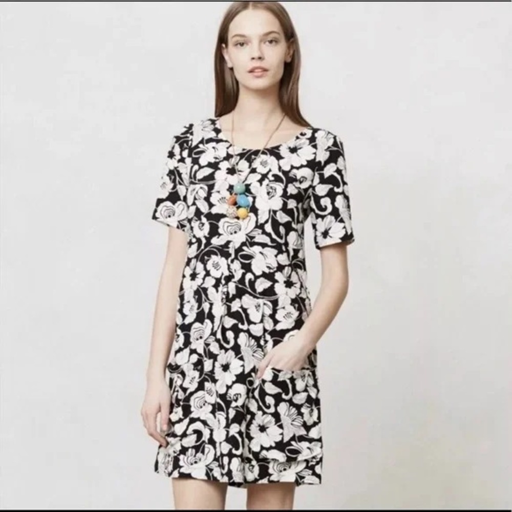 Maeve Anthropologie Womens 6 Zola Shift Floral Black White Pocket Dress